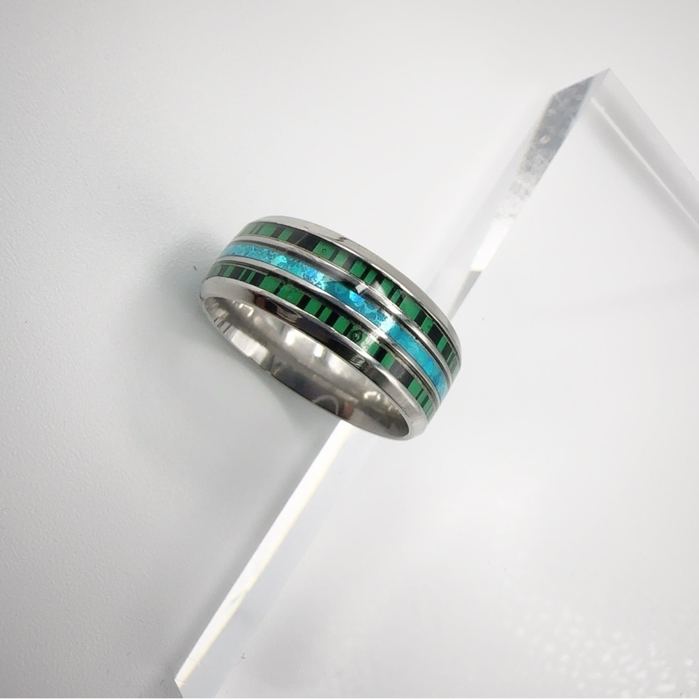 Stainless Steel Ring with Green and Blue Inlay - Picture 14 of 17